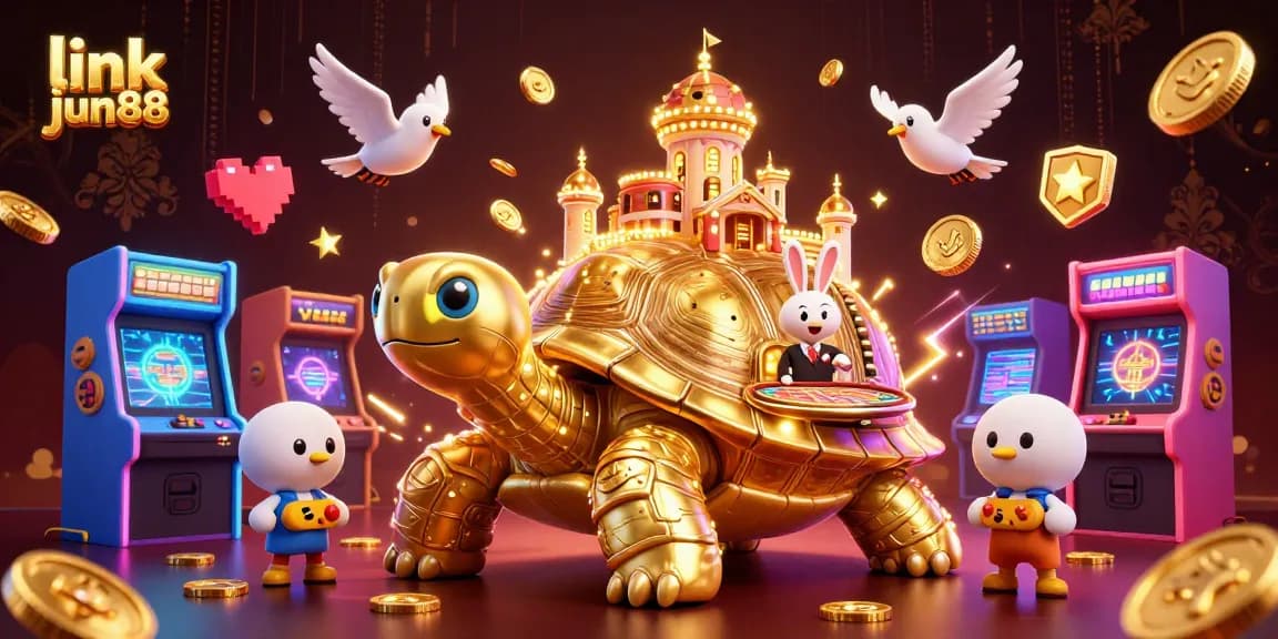 Experience vibrant gameplay at link jun88 with a detailed illustration featuring a golden tortoise and dynamic casino elements.