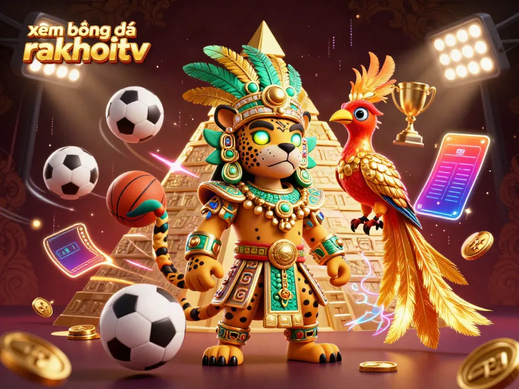 Experience xem bóng đá rakhoitv with 3D Mayan priest, sports elements, and vibrant energy.