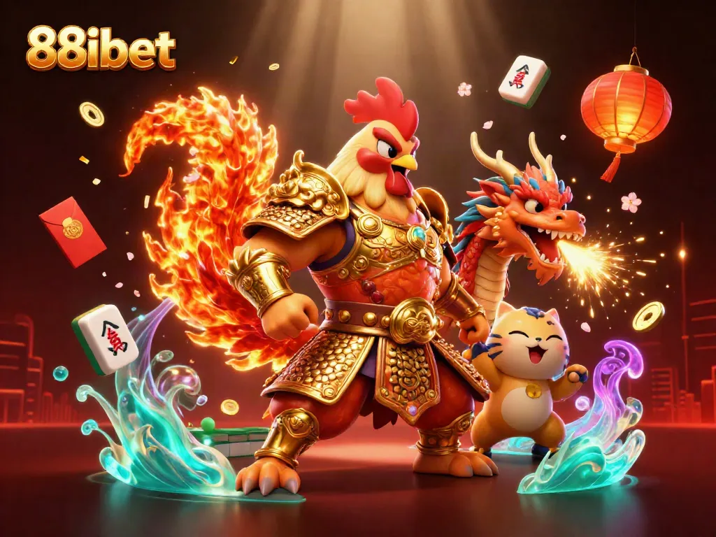 Engage in thrilling action at 88ibet with fighting rooster and dragon, radiating excitement.