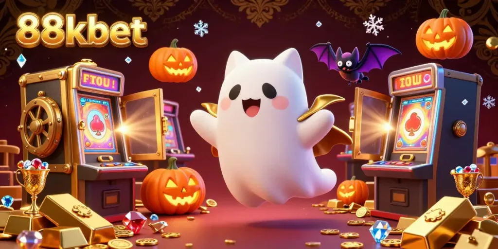 Experience the thrill of 88kbet with a captivating ghost cat and vampire bat in a dynamic casino scene.
