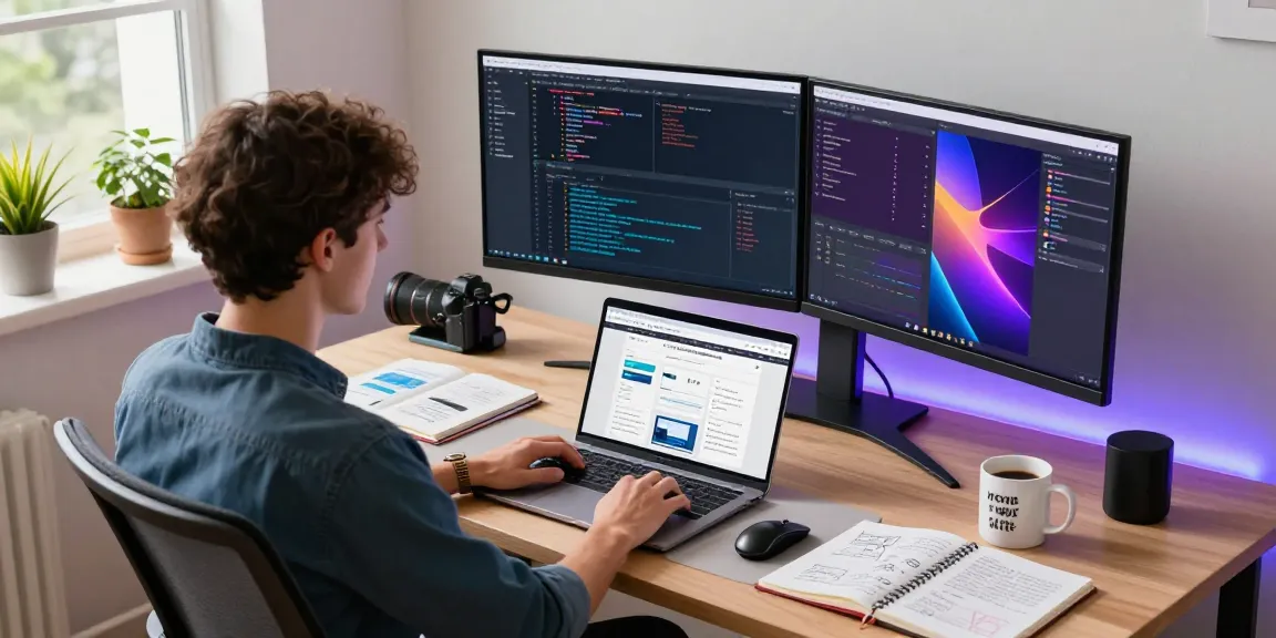 Developer working in a modern home office with WPS Official Website on display, showcasing a digital workspace.