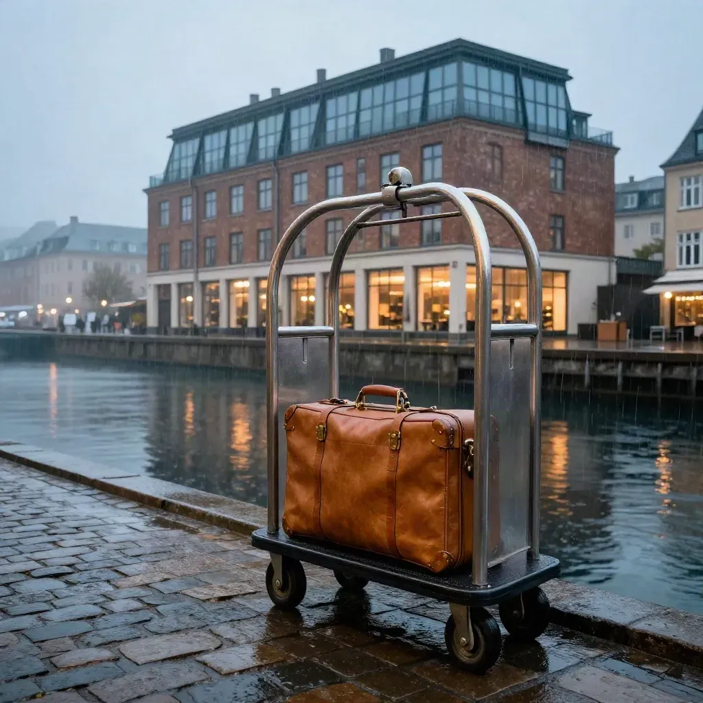 Kanalnära boutiquehotell i Köpenhamn vid blå timme med resväska och regnblöta kullerstenar.