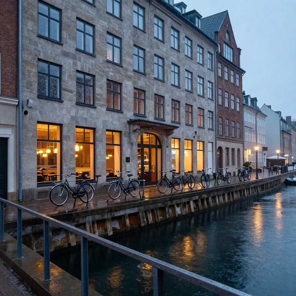 Kanalnära hotellfasad i Köpenhamn med varm lobbyglöd och speglingar i mörkt vatten.