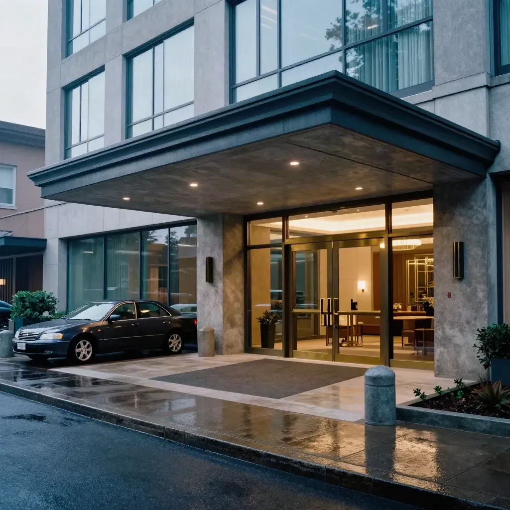 Mörk hotellentré vid taxibay i gryningsregn, sedd lågt från marken.