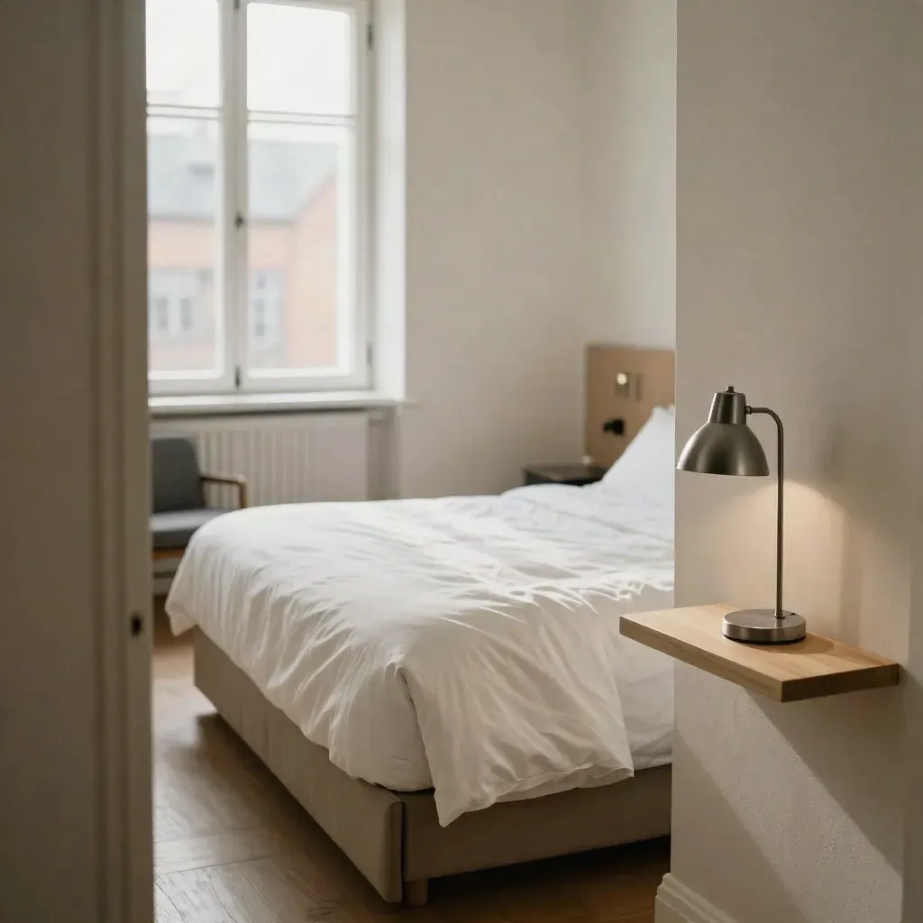 Ljust Aarhus-hotellrum med smal fönsteröppning, vit bädd och enkel sänglampa.