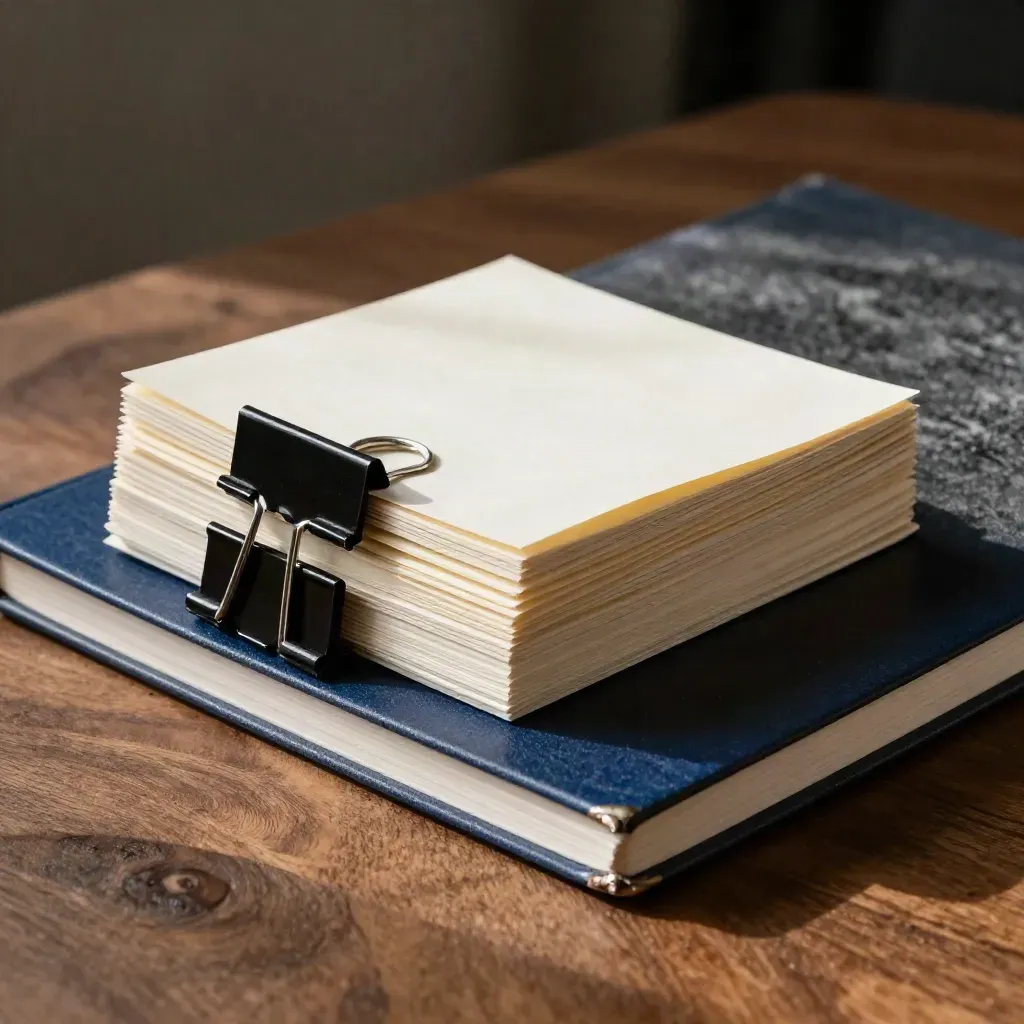Svarta pappersklämmor, indexkort och en grafitnotebook på mörk träyta.