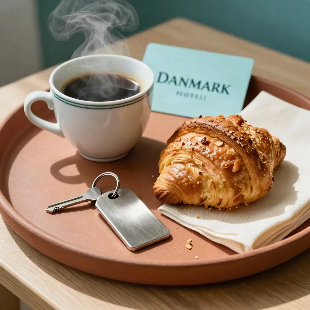 Frukostbricka med kaffe, croissant, nyckelbricka och servett i varmt morgonljus.