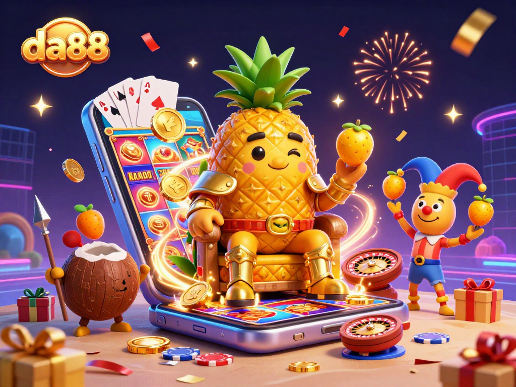Engage with da88's vibrant casino features, showcasing a golden pineapple king and dynamic game elements.