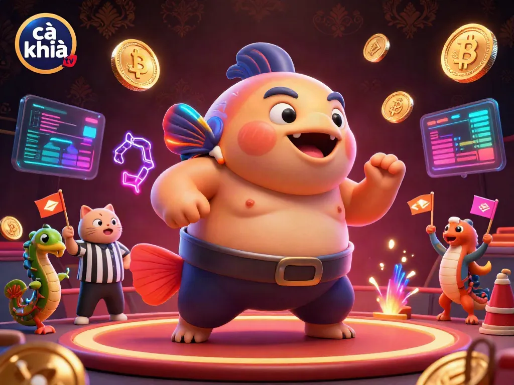 Experience dynamic gameplay with cà khịa tv featuring a fugu in a sumo outfit surrounded by crypto coins.
