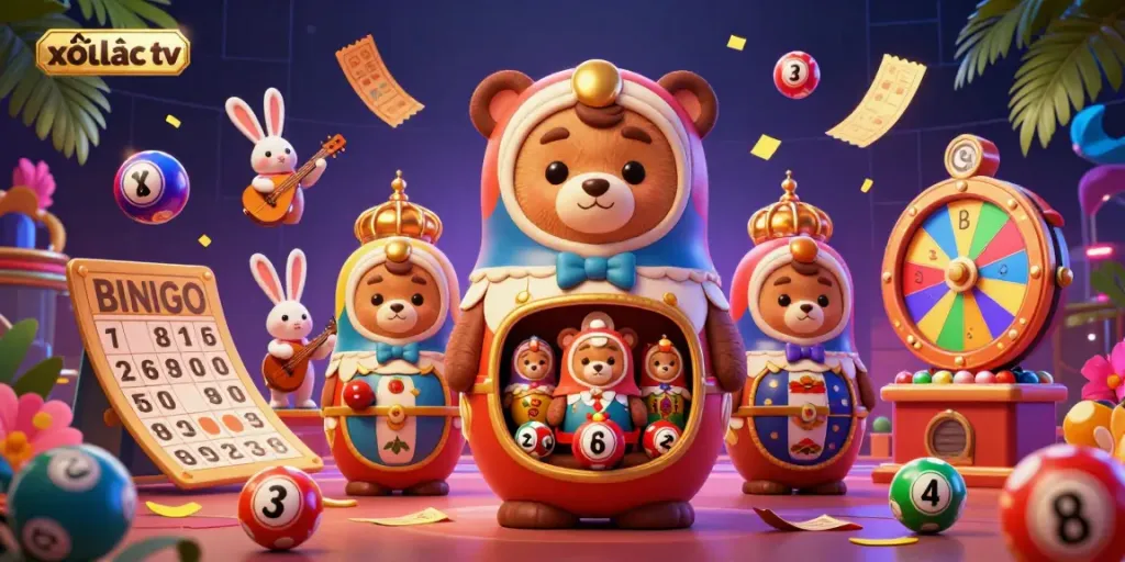 Experience the excitement of xôi lạc tv in a vibrant 3D illustration filled with interactive casino elements.