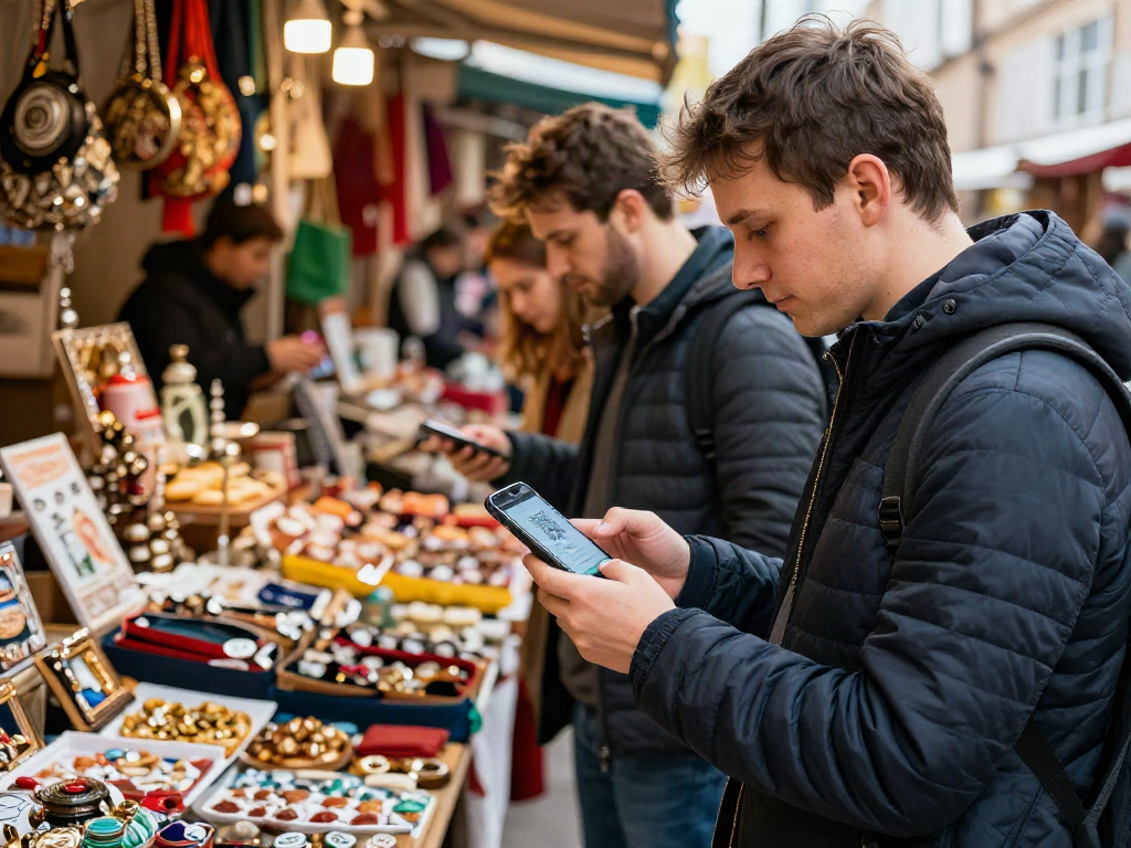 Viaje a Rusia con https://payinrussia.com/ mostrando un turista utilizando una app para pagar en un mercado local.