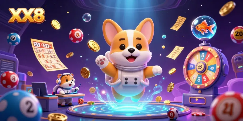 Watch the astronaut corgi enjoy a thrilling casino adventure in XX8, amidst floating poker chips and dynamic game elements.