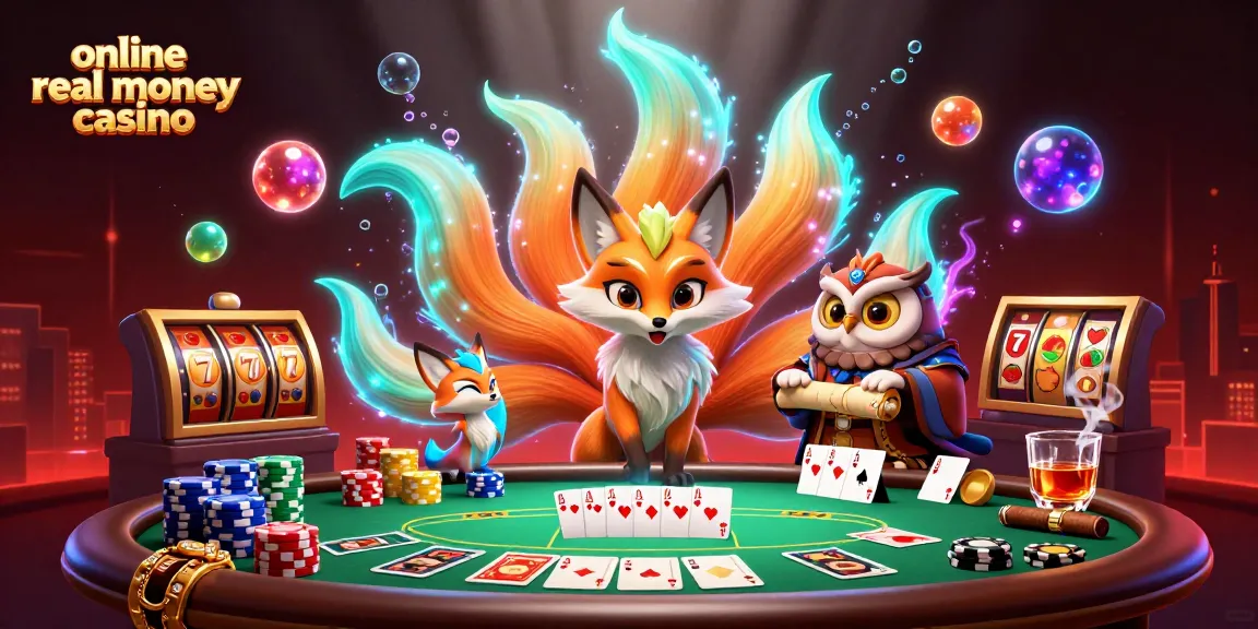 Experience vibrant action at an online real money casino with a mystical scene featuring a nine-tailed fox, an owl, and poker elements.