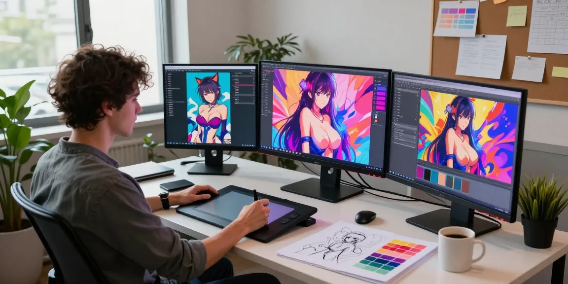 AI hentai artwork creation in a vibrant digital art studio.