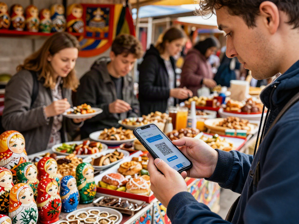 Uso de la aplicación https://payinrussia.com/ para pagar en un mercado ruso lleno de vida.