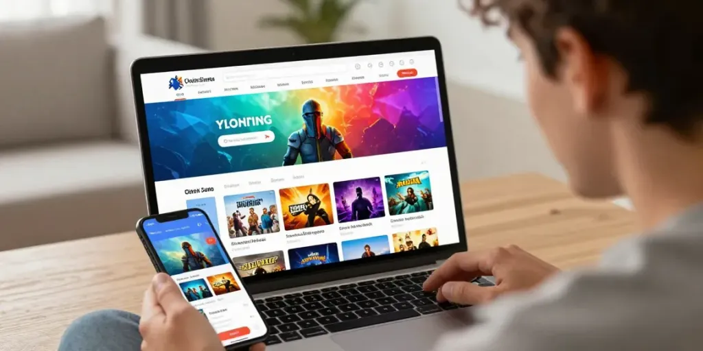 Engaging user exploring rokok88 online gaming portal on smartphone and laptop in cozy home.