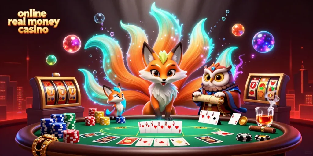Experience vibrant action at an online real money casino with a mystical scene featuring a nine-tailed fox, an owl, and poker elements.